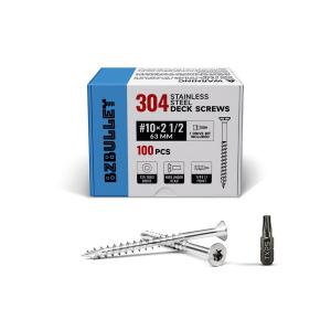 #10 X 2 1/2 Inch 304 Stainless Steel Deck Screws Wood Screws, Flat Head T25 Star Drive, Type 17 Auger Tip with a Free T25 Star Drive Bit for All Outdoor Wood Construction100 pcs/1.19 lbs