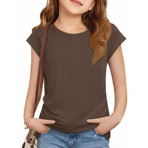 ZDC Girls Short Cap Sleeve T Shirts Kids Crewneck Summer Tops Basic Tees 5-14 Years (Brown)
