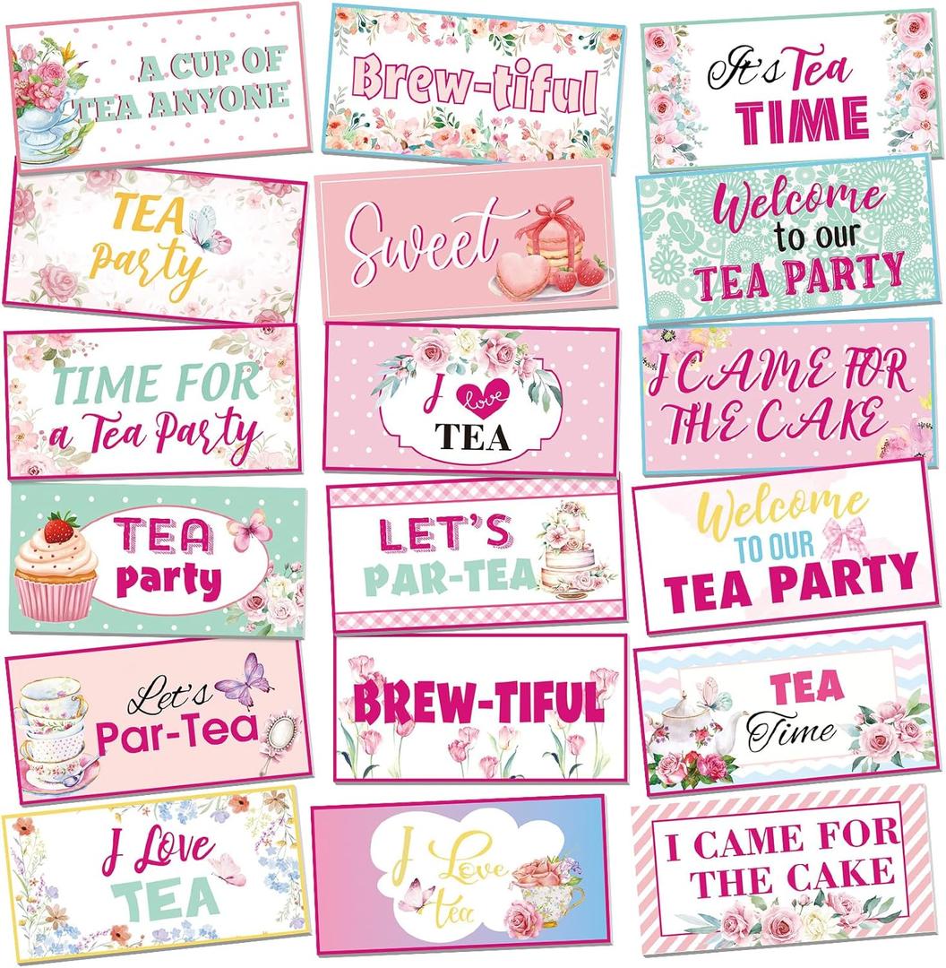 24 Designs Tea Party Photo Booth Props Double Sided 11.02 x 5.51'' Photo Booth Props Tea Party Decorations Set DIY Water Proof Selfie Sign PVC Printing for Women Garden Bridal Shower Birthday Supplies (Pink)