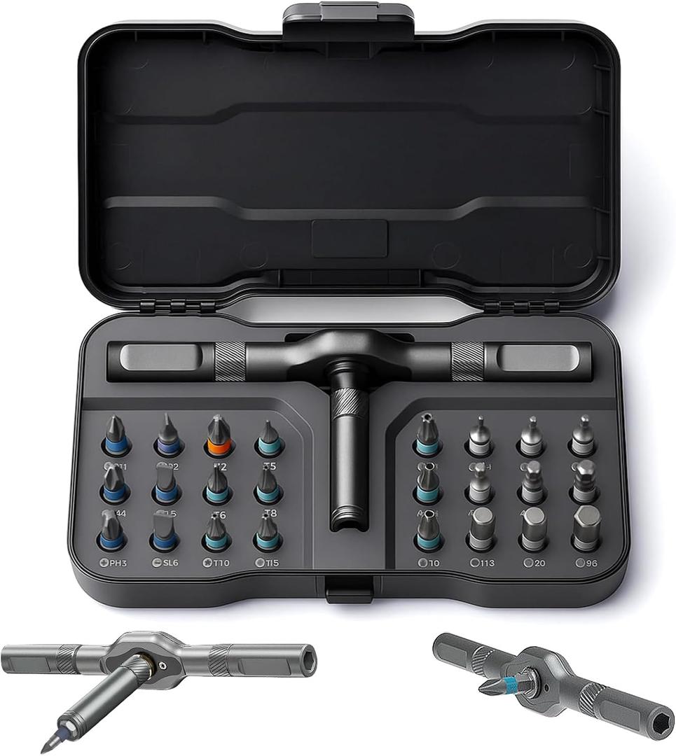 24 In 1 Magnetic Screwdriver Set DIY, Portable Ratchet Screwdriver Set with T Handle, Removable Self-Assembly Precision Screwdriver Kits Compact for PC, Furniture, Bicycle