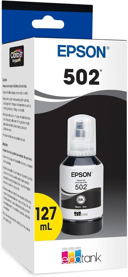 EPSON 502 EcoTank Ink Ultra-high Capacity Bottle Black Works with ET-2750, ET-2760, ET-2850, ET-3750, ET-3760, ET-3850, ET-4850, and other select EcoTank models (4.29 fl oz (Pack of 1), Black)