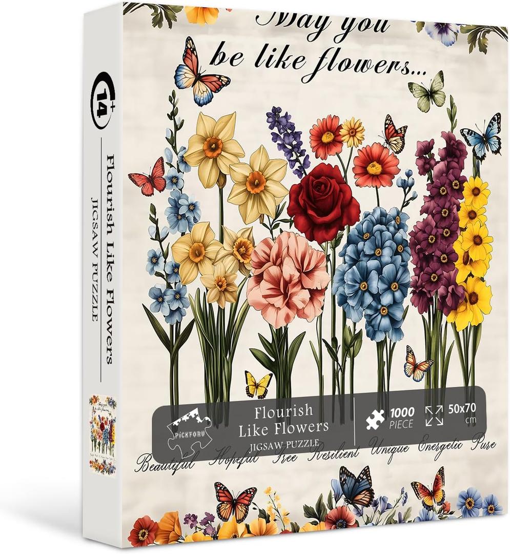Flowers 1000 Piece Puzzles for Adults, PICKFORU Vintage Plant Floral Jigsaw Puzzles Butterfly, Challenging Hard Unique Inspirational Quotes Theme as Home Wall Decor