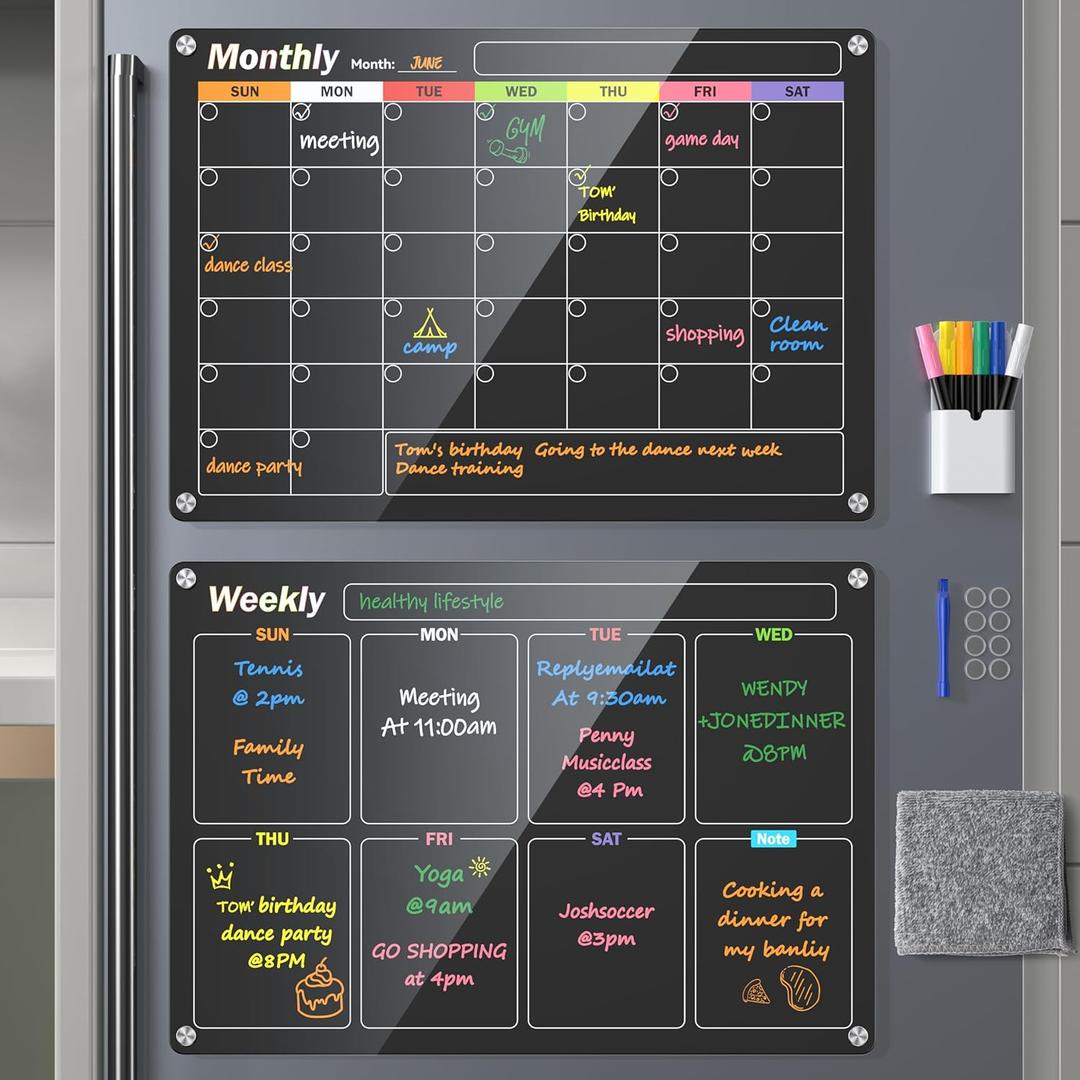 Acrylic Magnetic Dry Erase Board for Fridge, 2-Pack Monthly & Weekly Calendar Planner Note Blackboard Set for Refrigerator/Wall/Glass/Kitchen, 7 Colors Markers (16"x12")