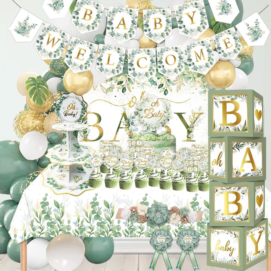 Sage Green 172pcs Gender Neutral Baby Shower Decorations - Boho Greenery Party Supplies with Oh Baby Backdrop, Tablecloth, Balloons, BABY Box, Welcome Banner