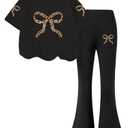 Verdusa Girl's 2 Piece Outfits Short Sleeve Bow Tees and Flared Pants 2026 Summer Clothing Set Size 8-12 Years Leopard Black 11 Years