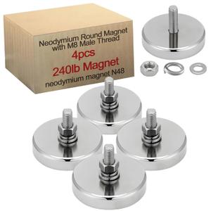 Flutesan 4 Pieces Heavy Duty Neodymium Round Mounting Magnet with Bolt 1.89in-240lb-M8 Silver with Male Thread Stud Strong Rare Earth Magnet Super Powerful for Lighting Camera Brackets License Plate
