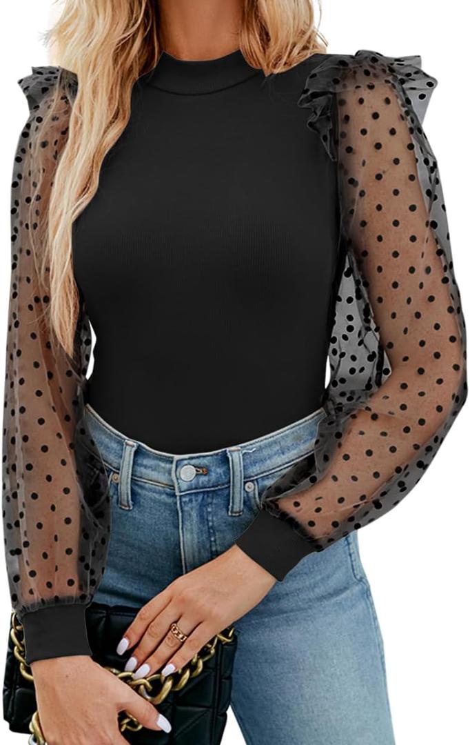 WAYMAKER Women's Mock Turtle Neck Polka Dot Sheer Mesh Puff Long Sleeve Bodysuit Blouses Tops Shirts (Large, Black)