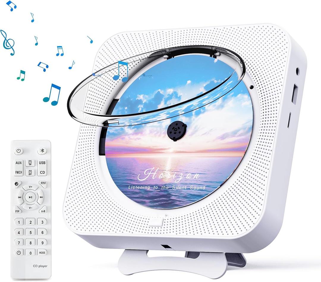 Bluetooth Portable Home CD Music Player with Remote Control, Timer, Built-in Speakers and LED Display - FM Radio Boombox (White)