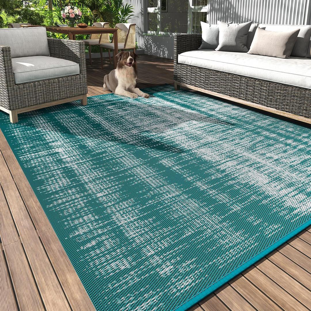 MontVoo Outdoor Rug Waterproof 5x8 ft Outdoor Carpet Patio Rug Mat Reversible RV Camping Rug Plastic Straw Outside Rug for Balcony Porch Deck Picnic Beach Modern Teal