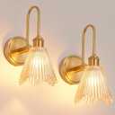 Vikdio Wall Sconce Set of 2, Gold Vintage Light Fixtures with Long Amber Glass Lampshade, Hardwired Sconces Wall Lighting for Bedroom, Bathroom, Living Room | Includes 2 LED Bulbs