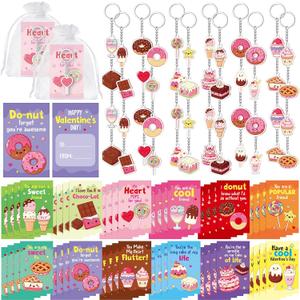 Kigeli 48 Set Valentine's Day Cards for Classroom Exchange Gifts Sweet Dessert Valentine Keychains and Pun Note Cards Organza Bags for Valentines Party Favors Goodie Bags Stuffers School Events Prizes