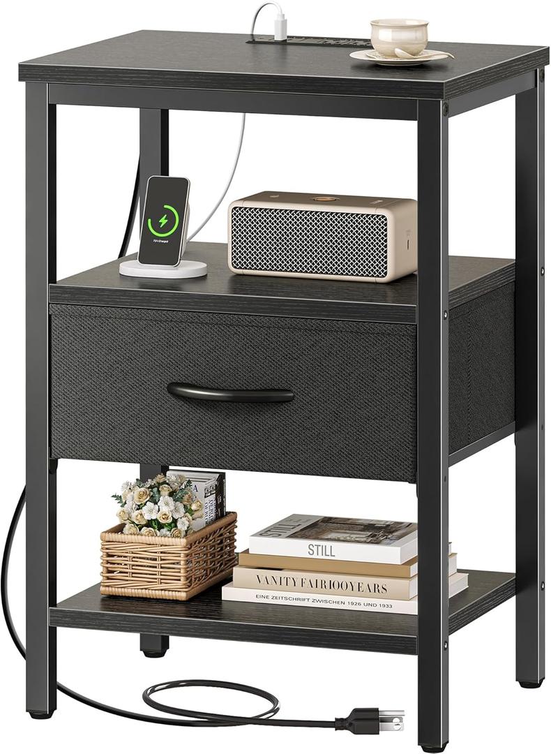 SUPERJARE Nightstand with Charging Station, Bed Side Table with Adjustable Fabric Drawer, Night Stand for Bedroom, 3-Tier Storage End Table, for Living Room, Black (M (11.8"D x 15.7"W x 23.4"H))