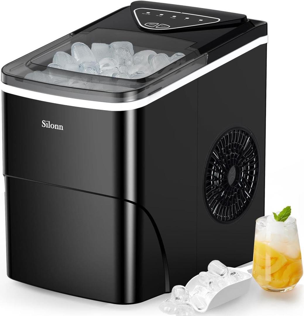 Silonn Ice Makers Countertop, 9 Bullet Ice Cubes Ready in 6 Minutes, 26lbs in 24Hrs Portable Ice Maker Machine Self-Cleaning, 2 Sizes of Bullet-Shaped Ice for Home Kitchen Office Bar Party