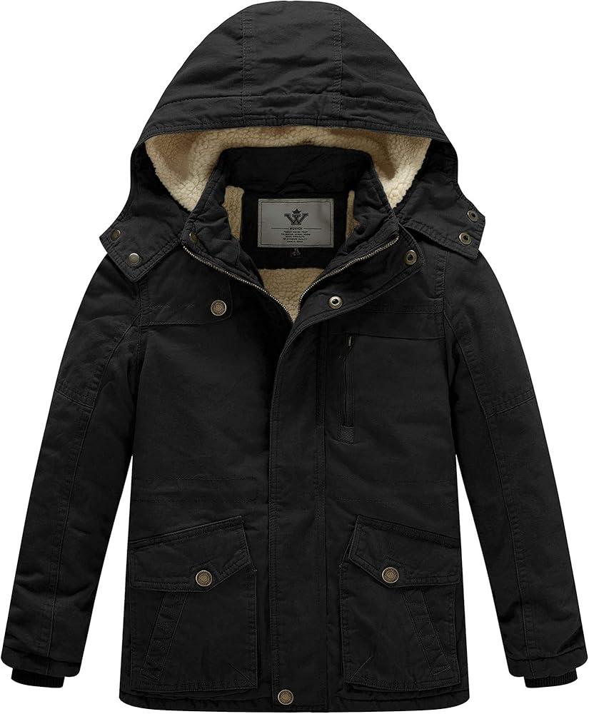 WenVen Boy's Winter Thicken Cotton Coat Heavy Sherpa Lined Hooded Parka Jacket XL Black