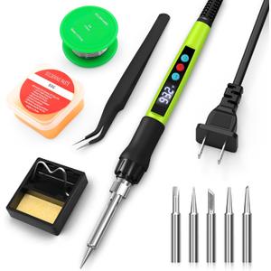 Soldering Iron Kit, 100W Soldering Gun with LED Digital Display, Adjustable Temperature 356-932 Solder Kit for Electronics, Includes Soldering Iron Tip, Solder Wire, Stand, Tweezers and Paste, Green