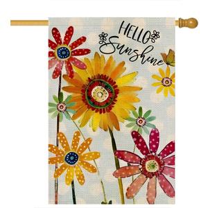 Summer Flowers House Flags for Outdoor, Hello Sunshine Sunflower Daisy Yard Flags for Outside,Seasonal Decorative Flag for Spring Farmhouse Holiday Decoration 28x40 Inch Double Sided