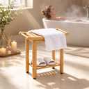 LGURT Bamboo Shower Bench, Rectangular Bathroom Stool, Non-Slip Wood Seat