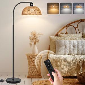Rattan Floor Lamp- Boho Standing Lamp with Remote Control and Dimmable Bulb, Hand-Worked Adjustable Rattan Shades, Black Farmhouse Tall Lamp, Boho Arc Floor Lamps for Living Room, Bedroom, Office