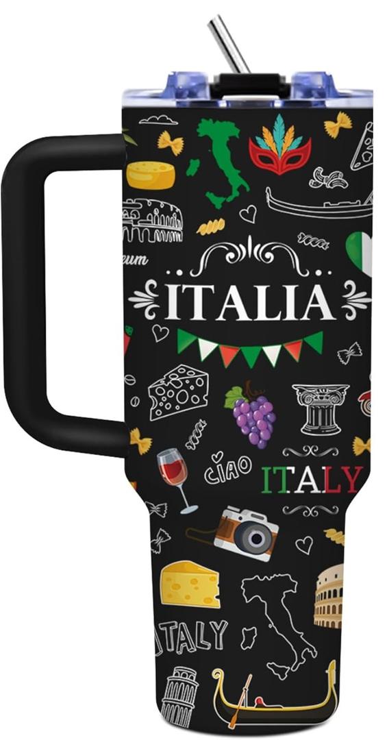Italy 40 oz Tumbler with Handle and Straw, Italy Souvenirs Insulated Travel Mug Iced Coffee Cup, Birthday Gifts for Women, Men, Christmas Thanksgiving Day Gifts for Italian