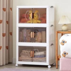 3 Tier Stackable Storage Bins with Lids, Plastic Storage Containers with Magnetic Doors & Wheels, Collapsible Storage Bins Closet Organizers, Foldable Organization for Home, Party (Clear)