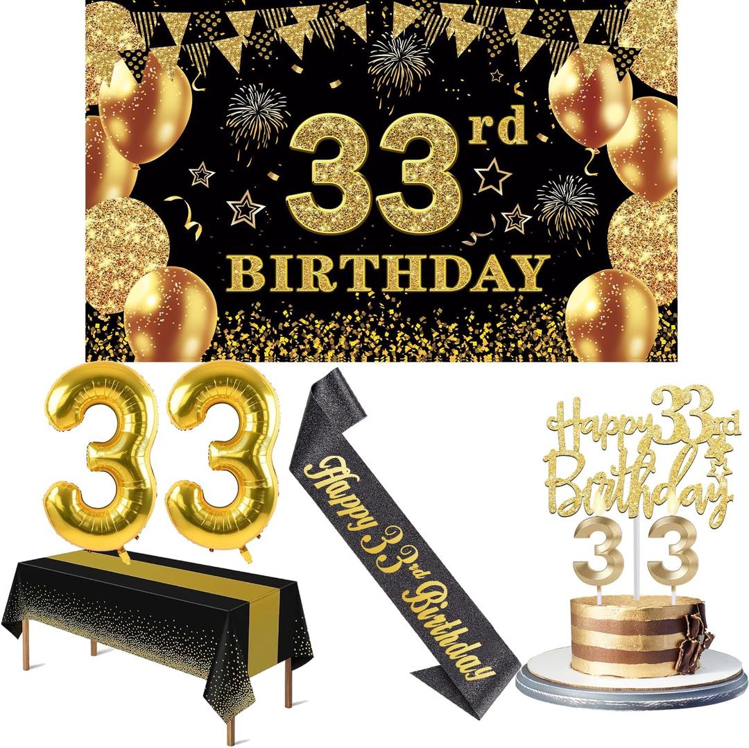 33rd Birthday Decorations Men Women with 33rd Birthday Banner, Black and Gold Table Cloth, Number Balloons, Large Sash, Cake Topper and Candles