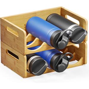 SpaceAid Bamboo Water Bottle Organizer with Labels for Kitchen and Pantry, Storage Rack for Cabinets, Home Cup and Wine Bottle Holder Shelf Organizers, 2 Pack 3-Slot, Hold 6 Bottles