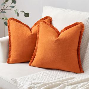 Woaboy Pack of 2 Fall Pillow Covers Ramie Linen Throw Pillow Covers DecorativePillow Covers Farmhouse Style Boho Cushion Covers Orange Pillow Covers with Fringe for Living Room 24x24 Inch