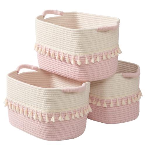 TeoKJ Storage Baskets 3 Packs, Storage Basket for toys,Towel, Storage Bins, Woven Basket for Shelves Bedroom Laundry Nursery, White & Pink