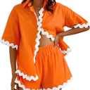 Fixmatti Women Two Piece Summer Sets Short Sleeve Button Down Shirts (Orange, M)