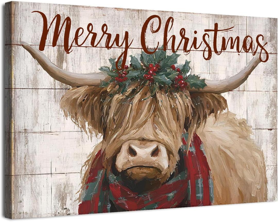 Christmas Highland Cow Wall Art Merry Christmas Sign Poster Rustic Farmhouse Cow Pictures Wall Decor Rustic Wood Grain Farm Animal Canvas Prints Artwork for Kitchen Dining Room Home Decoration 12x16"