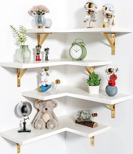 Corner Shelf Wall Mounted, Set of 4, Corner Floating Shelves, Corner Wall Shelf, Corner Hanging Shelf for Living Room, Kitchen and Bedroom (White Gold, 16.3 Inches)