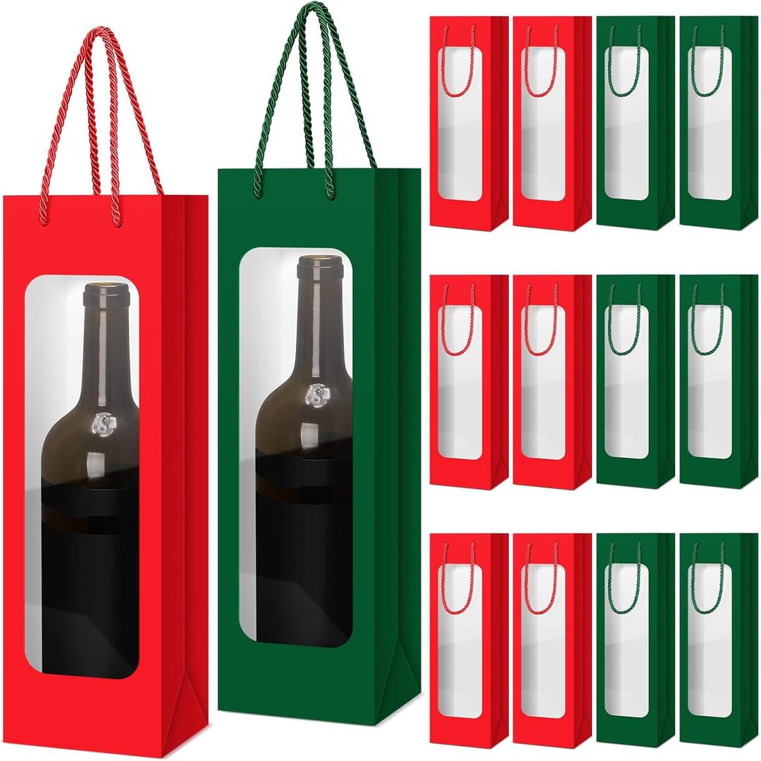 Tioncy 24 Pcs Valentines Day Single Bottle Gift Bag Bulk Wedding Champagne Boxes with Clear Window Handles Reusable Holiday New Year Party Favor(Dark Green, Red)