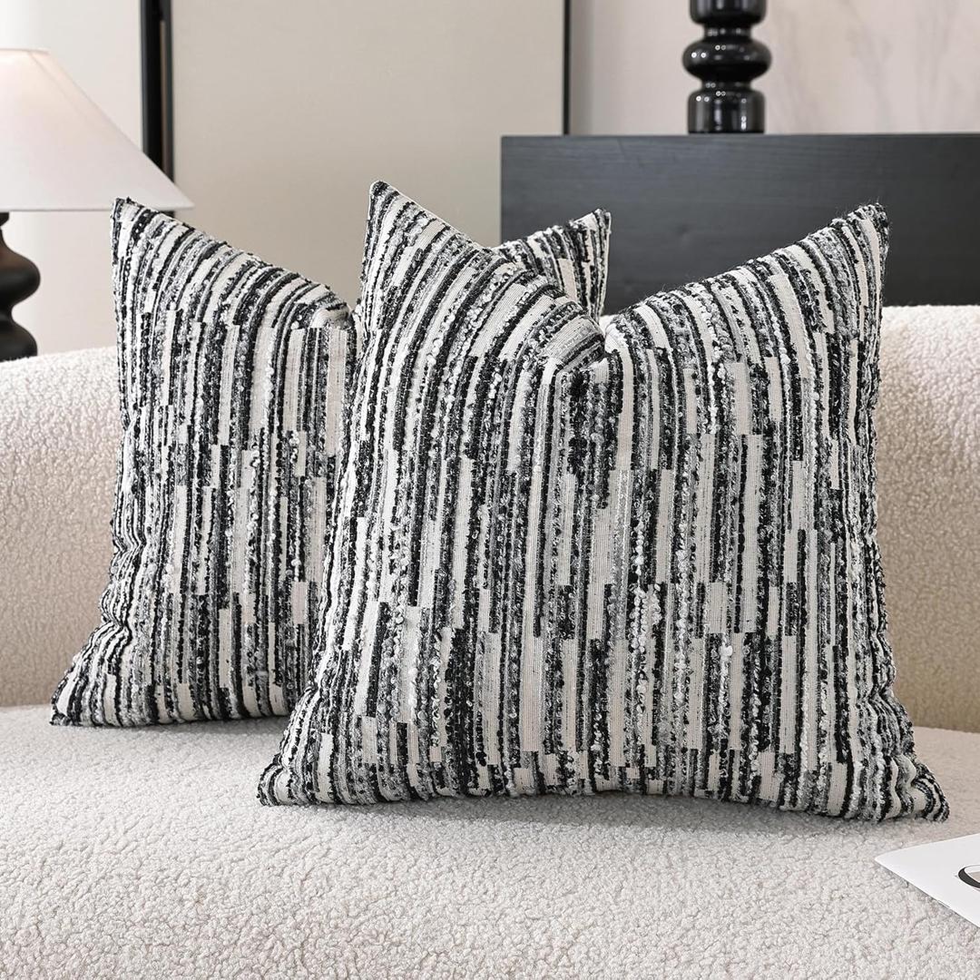 Striped Throw Pillow Covers 18x18 Set of 2 Black Textured Boucle Chic Morden Boho Accent Farmhouse Decorative Chenille Pillow Covers for Home Decor Bed Sofa Living Room