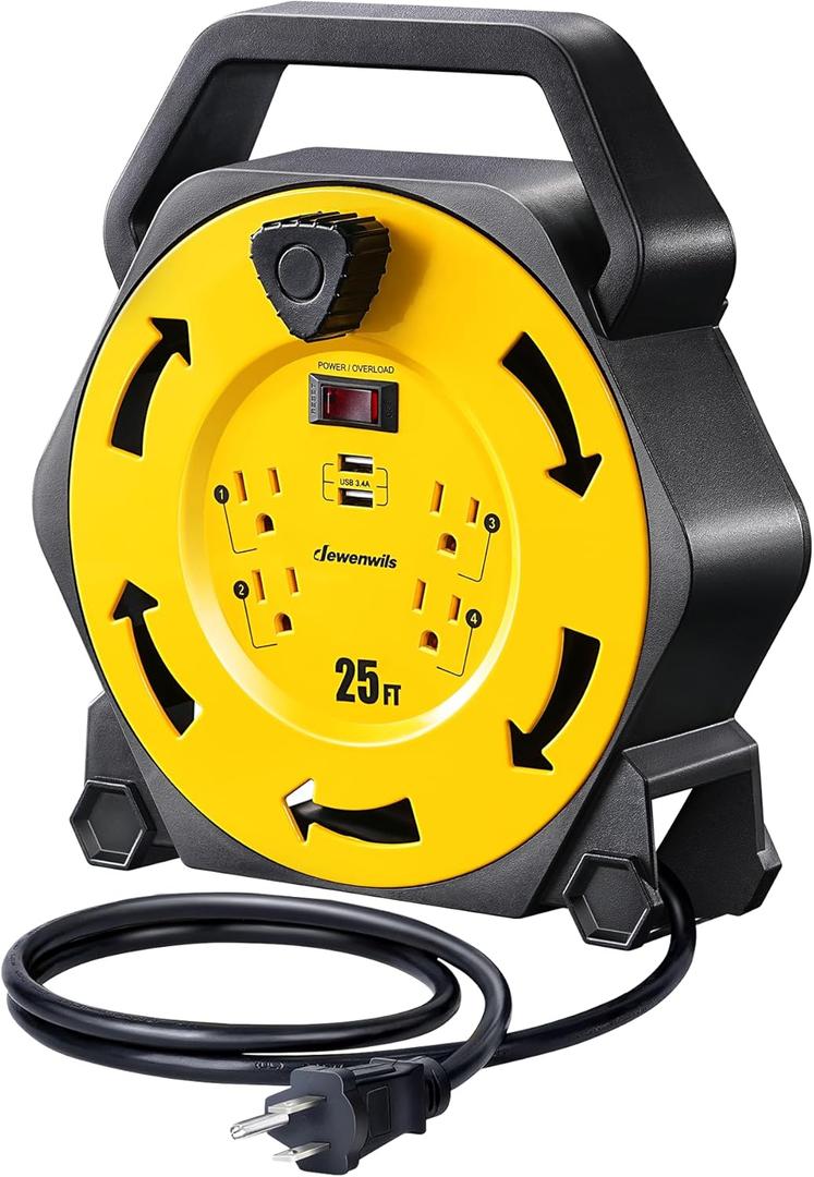 DEWENWILS Cord Reel with 4 Power Outlets, 2-USB Ports(3.4A Fast Charge), 25FT Retractable Extension Cord Reel, Heavy Duty SJTW 16/3 Cable, 13A Circuit Breaker, Hand Wind, UL Listed (Yellow+black Cord)