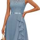 BeryLove Formal Cocktail Dresses Bridesmaid Wedding Guest Short Prom Dress Ruffle Hem Sleeveless Homecoming Lace Gowns (X-Large, Grey Blue)