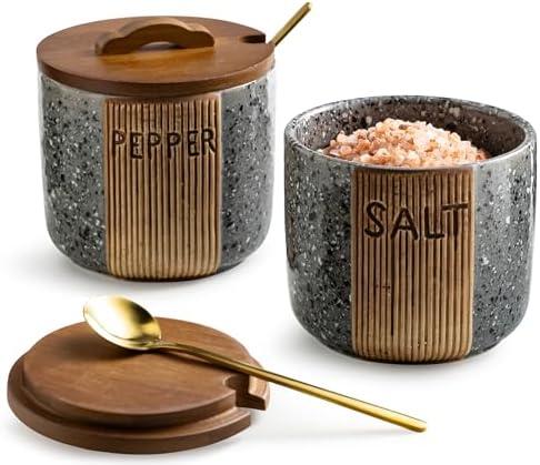 YHOJOY Salt and Pepper Bowl Ceramic, 10 Oz Salt Containers for Countertop Salt Cellar with Wooden Lid and Spoons, Salt and Pepper Set Marble Design, Gray