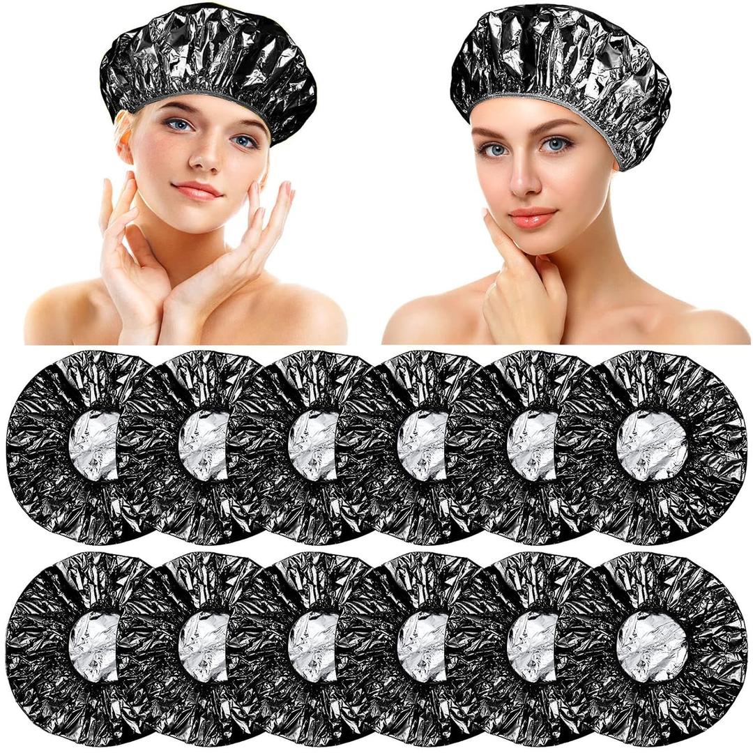 12 Pieces Deep Conditioning Caps Aluminum Foil Reusable Hair Processing Hair Coloring Shower Caps for Home Salon Use(12 Inch,Black)