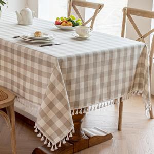 Alsoo Gingham Tablecloth Rectangle, Cotton Linen Fabric Checkered Table Cloth Buffalo Plaid Table Cover with Tassel Wrinkle Free Washable for Kitchen Dining Picnic, Beige and Cream, 55X75''