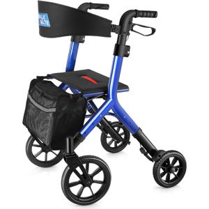 WALK MATE Rollator Walker for Seniors Taller 5.3~7ft with Height-Adjustable Seat, 10 Inch Wheels Wire-Hidden Walkers Compact Folding Design Lightweight Mobility Walking Aid Widen Backrest, Blue
