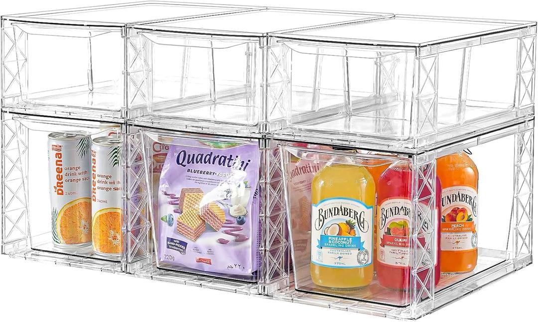 6Pack Pantry Organizers and Storage,Clear Stackable Kitchen Storage Organizer,Foods Organizer Bins with Handles, Easily Assemble for Bathroom, Kitchen, Refrigerator, Pantry, Cabinet, Closet (3 Medium + 3 Large)