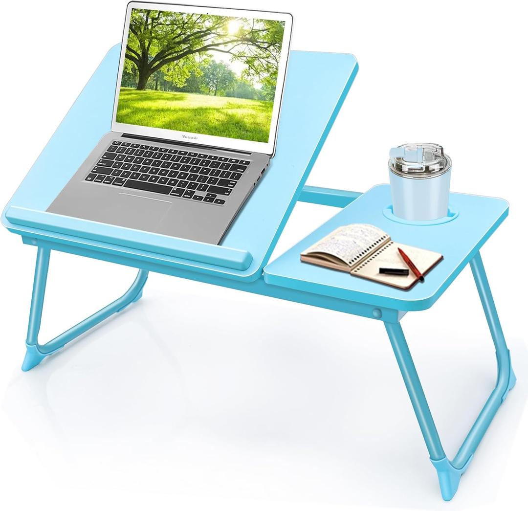 Laptop Desk for Bed Couch, Lap Desk for Laptop, Portable Laptop Stand for Desk, Small Adjustable Laptop Desk, Foldable Bed Table for Laptops and Writing, Bed Tray Table with Cup Holder (Blue)