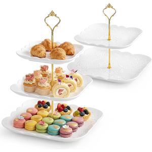 SOUJOY Ceramic Cupcake Stand Set of 2, White Embossed Cupcake Display Holders with Gold Rod, 3 Tier and 2 Tier Square Porcelain Dessert Stands for Birthday Tea Party Wedding Baby Shower