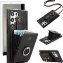 Phone Case for Samsung Galaxy S25 Ultra 5G Wallet Cell Cover with Screen Protector Crossbody Strap Ring Stand RFID Credit Card Holder Protective Leather S25Ultra 25S S 25 25Ultra Women Girls Black