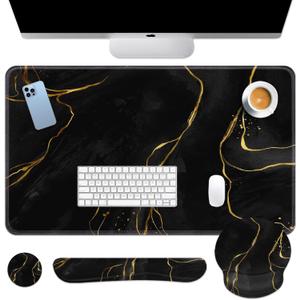 Britimes Black Gold Marble Keyboard Mouse Pad Set 4in1 Large Mousepad+Keyboard Wrist Rest+Mouse Wrist Rest+Coaster Ergonomic Design for Home Office Computer 35.4x15.7 inches