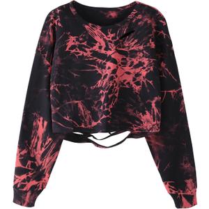 Avanova Women Tie Dye Sweatshirt Long Sleeve Crop Top Ripped Oversized Shirt Black Red Medium