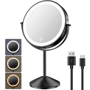 Benbilry 8 Inch Lighted Makeup Vanity Mirror with Lights 3 Color Dimmable, 1X/10X Magnifying Rechargeable Double Sided Light Up Cosmetic Mirror, 360 Swivel Cordless Standing, Black