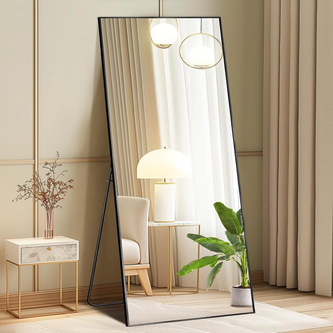 DUMOS 64"x21" Full Length Mirror with Stand, Full Body Floor Mirror | Free Standing or Wall Mount, Nano Glass Aluminum Frame, Hanging or Leaning, Modern Simple Home Decor, Black