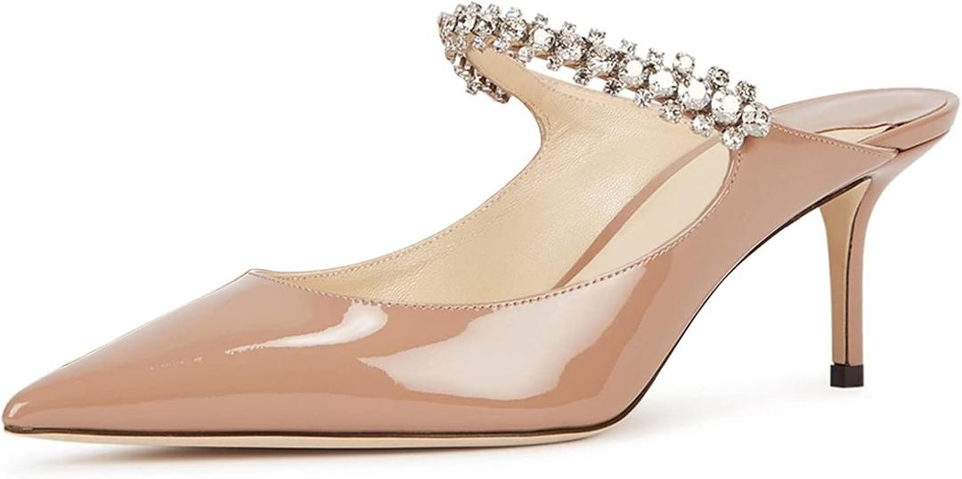 JiaBinji Women High Heels Sandals Mules Rhinestone Strap 2 inches Stiletto Pointed Toe Slip On Sandals Handmade Backless Summer Bridal Dress Shoes US Size 9.5 Nude