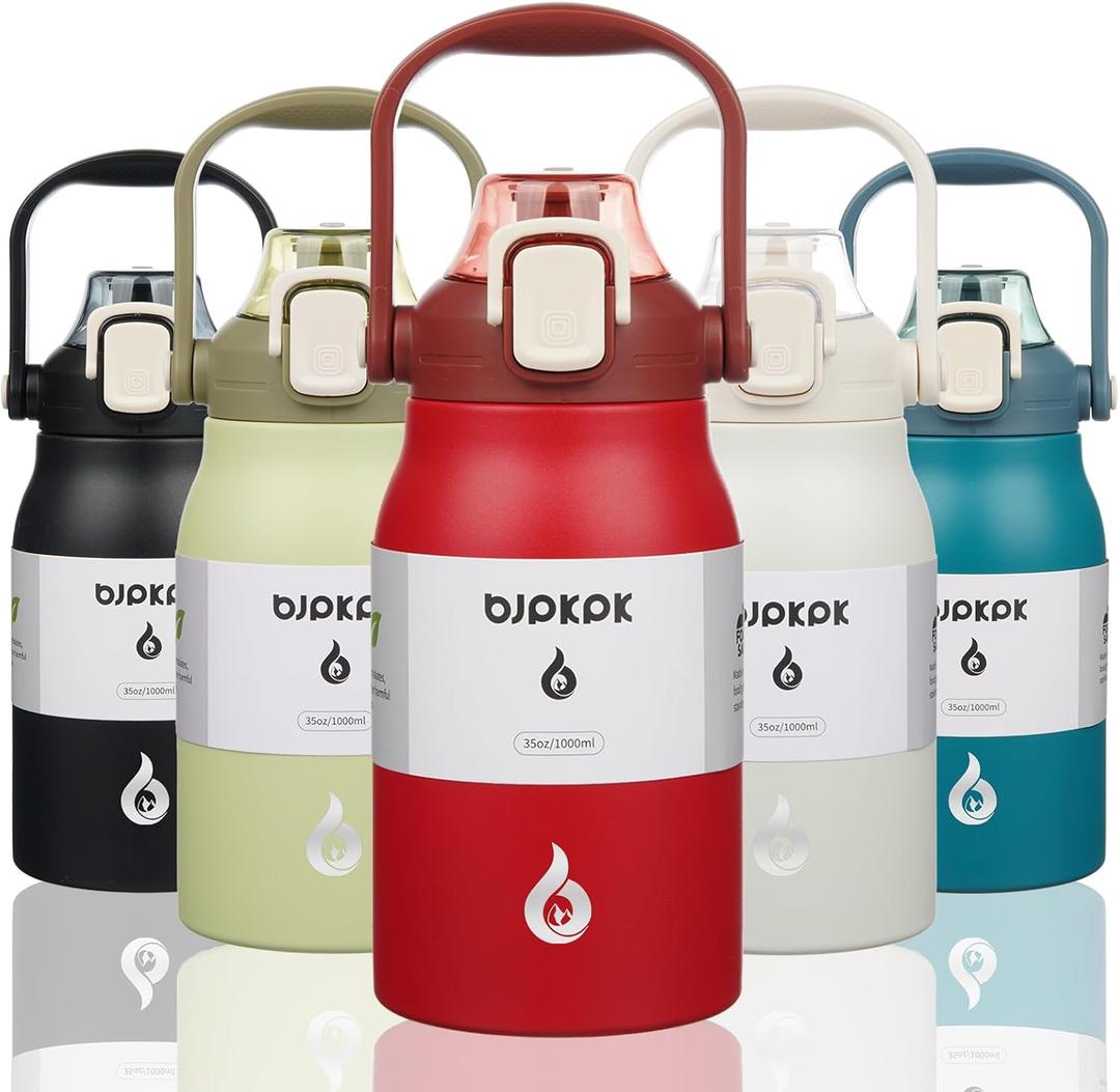 BJPKPK Insulated Water Bottles with Straw, 35 oz Stainless Steel Metal Water Bottle with One-handed Opening Lid, BPA Free Sport Jugs, Flasks for Men & Women, Red