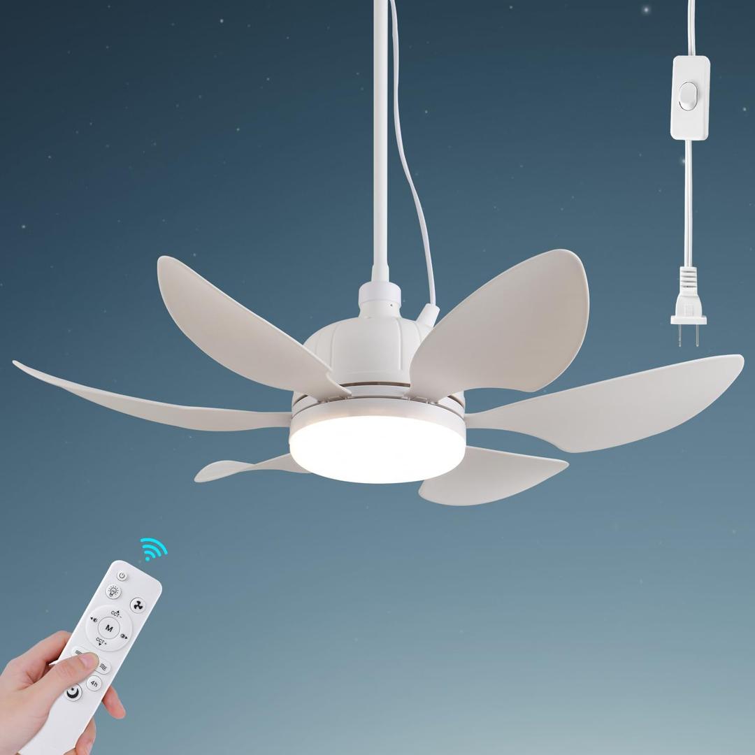 18.5" Gazebo Fan,Outdoor Plug in Ceiling Fans with Lights,3 Color Dimmable 3 Fan Speeds,Portable Hanging Ceiling Fan for Patios,Tent,Indoor.White